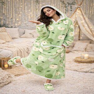 Green Apple Hoodie Blanket Dress Cozy Plush Oversized Lounge Wear Pajamas